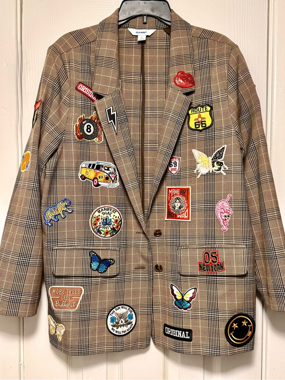 Upcycled Old Navy Plaid Blazer with Colorful Embroidered Patches - Picture 2 of 13